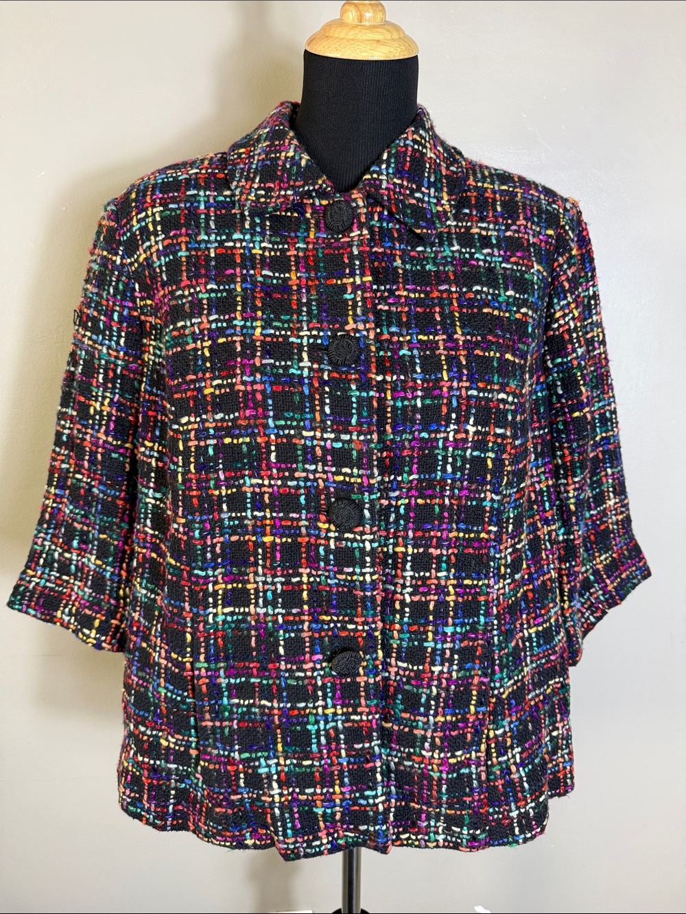 Vintage Coldwater Creek Black Multicolor Tweed 3/4-Sleeve Button Jacket W18 NWT
